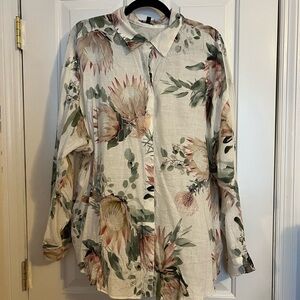 Express Boyfriend Portofino Linen Blend Floral Button Down Shirt